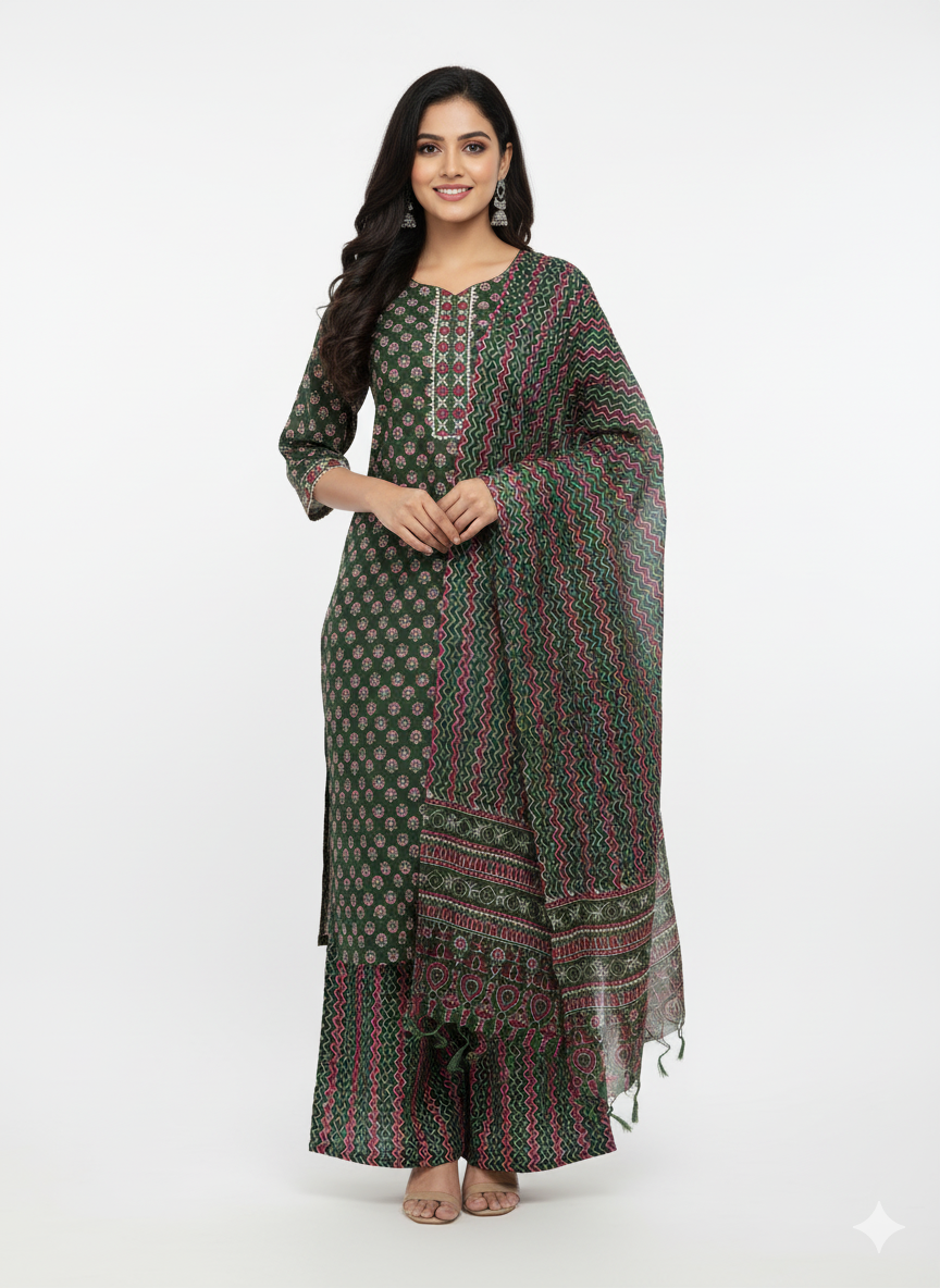 SHIHRI Women’s Pure Rayon Cotton Slub Kurta Set with Bottom & Dupatta | Elegant 3-Piece Ethnic Wear