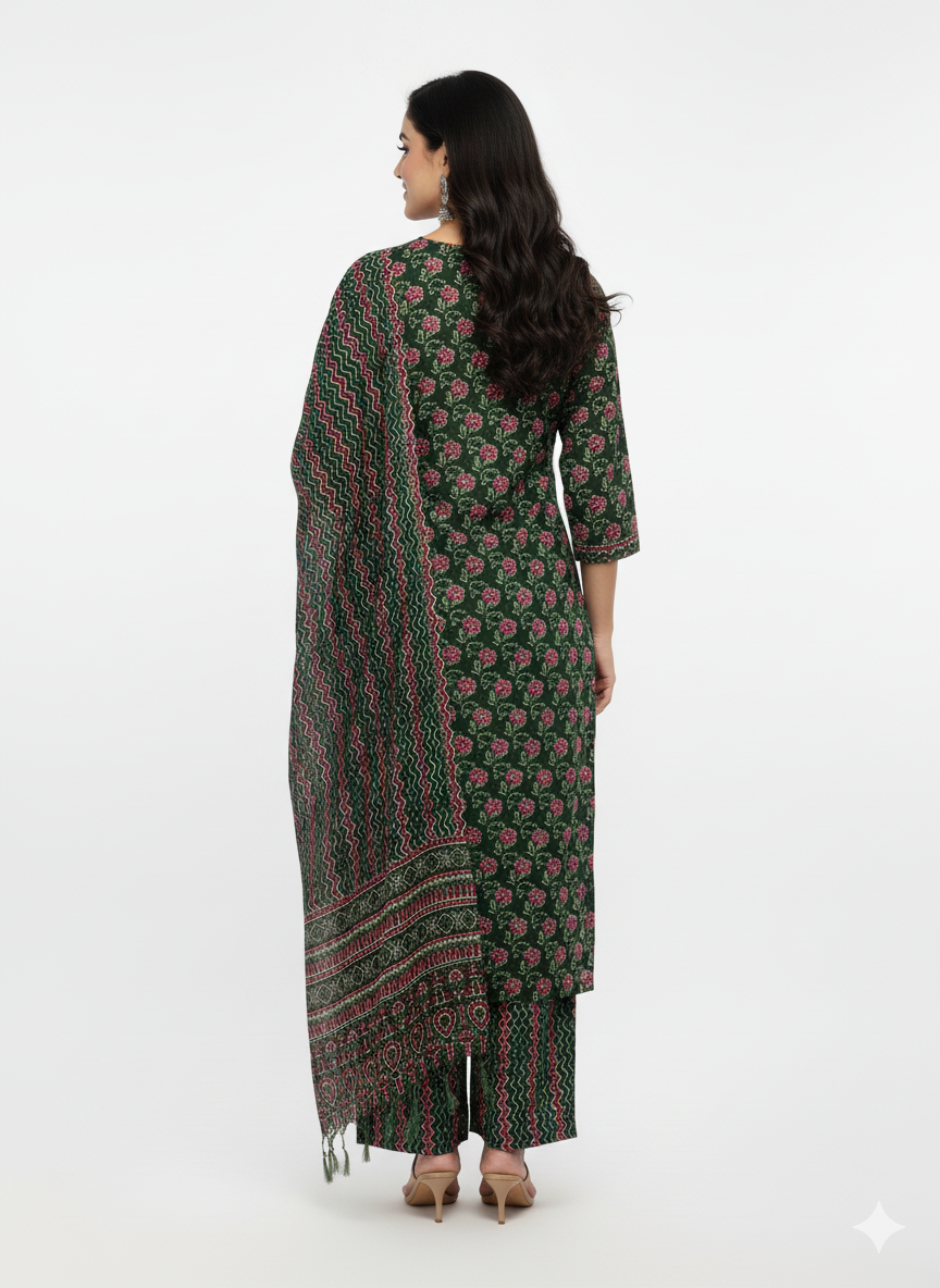 SHIHRI Women’s Pure Rayon Cotton Slub Kurta Set with Bottom & Dupatta | Elegant 3-Piece Ethnic Wear