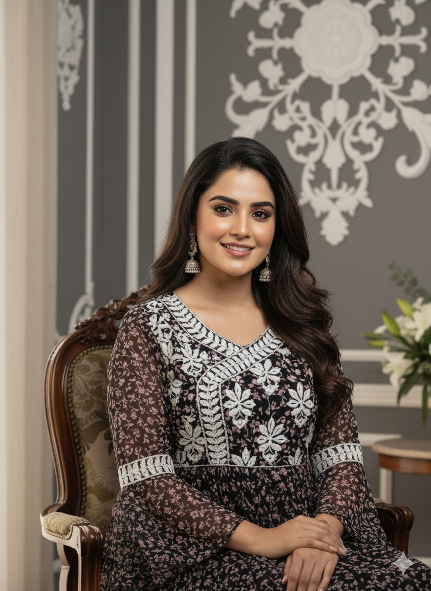 SHIHRI Imported Georgette Embroidered Maxi Dress for Women – Stylish Long Gown