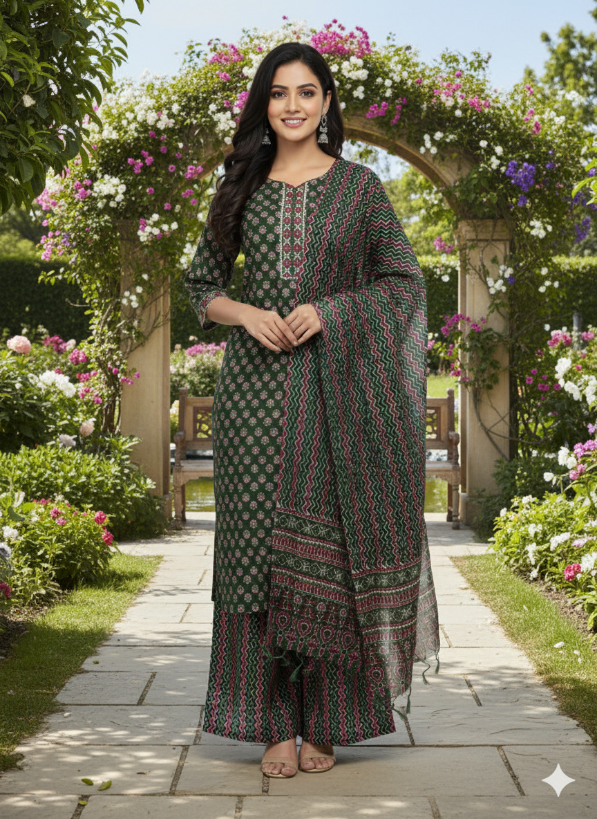 SHIHRI Women’s Pure Rayon Cotton Slub Kurta Set with Bottom & Dupatta | Elegant 3-Piece Ethnic Wear