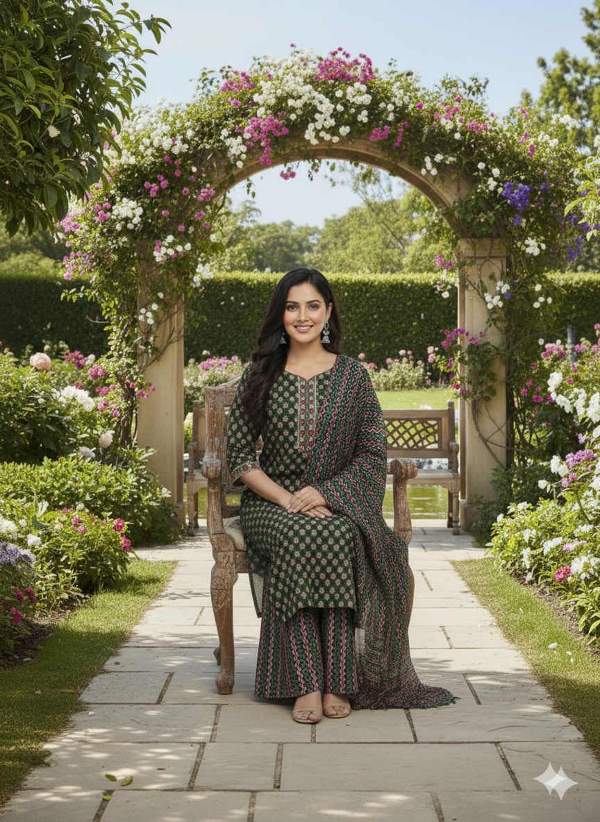 SHIHRI Women’s Pure Rayon Cotton Slub Kurta Set with Bottom & Dupatta | Elegant 3-Piece Ethnic Wear