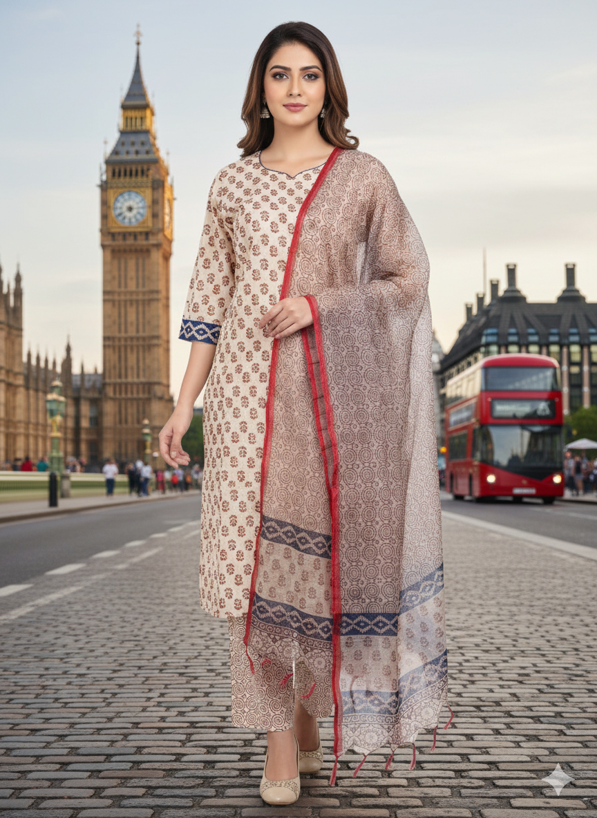 SHIHRI Women’s Pure Rayon Cotton Slub Kurta Set with Bottom & Dupatta | Elegant 3-Piece Ethnic Wear