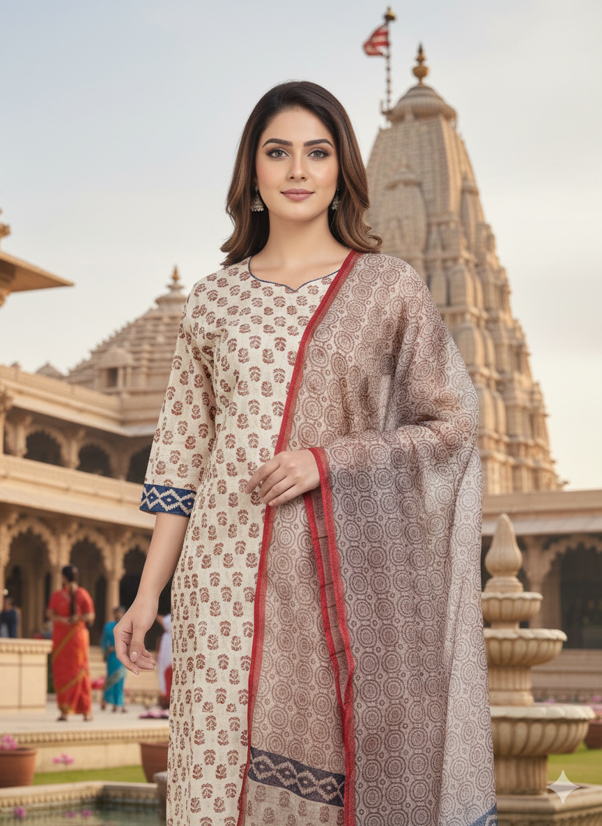 SHIHRI Women’s Pure Rayon Cotton Slub Kurta Set with Bottom & Dupatta | Elegant 3-Piece Ethnic Wear