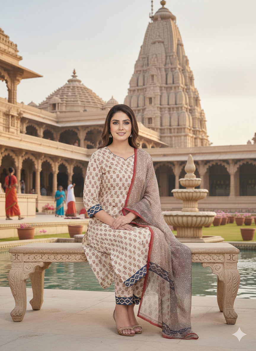 SHIHRI Women’s Pure Rayon Cotton Slub Kurta Set with Bottom & Dupatta | Elegant 3-Piece Ethnic Wear