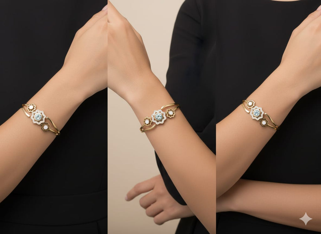 SHIHRI Gold Plated Stainless Steel Bracelet with Triple Flower Design & Crystal Stone”