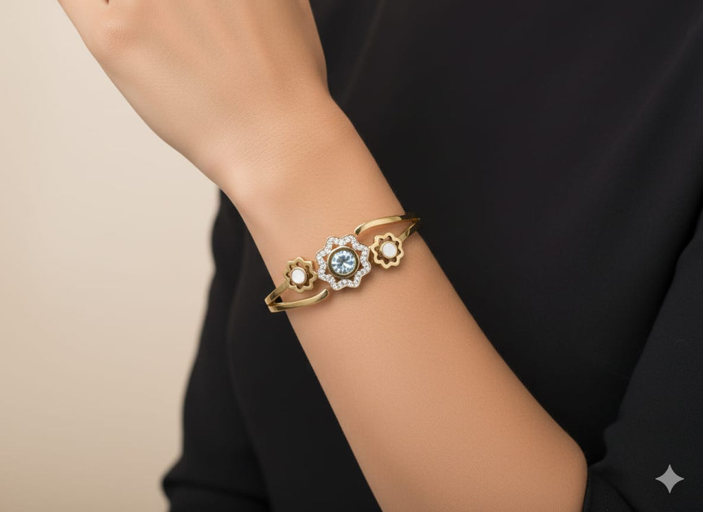 SHIHRI Gold Plated Stainless Steel Bracelet with Triple Flower Design & Crystal Stone”