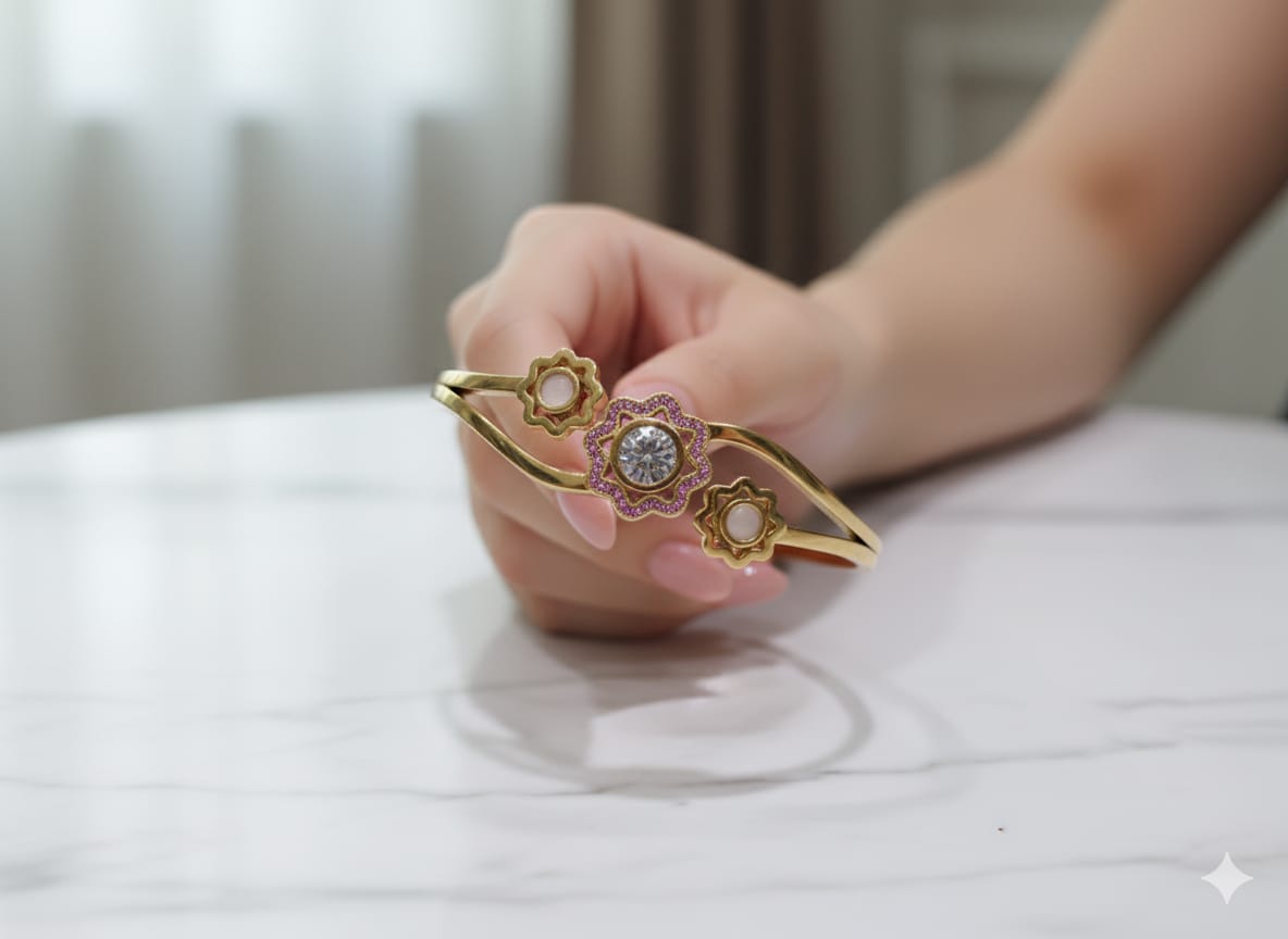 SHIHRI Gold Plated Stainless Steel Bracelet with Triple Flower Design & Crystal Stone”