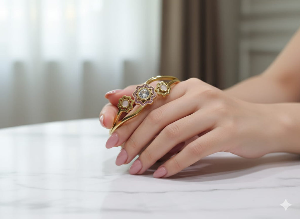 SHIHRI Gold Plated Stainless Steel Bracelet with Triple Flower Design & Crystal Stone”