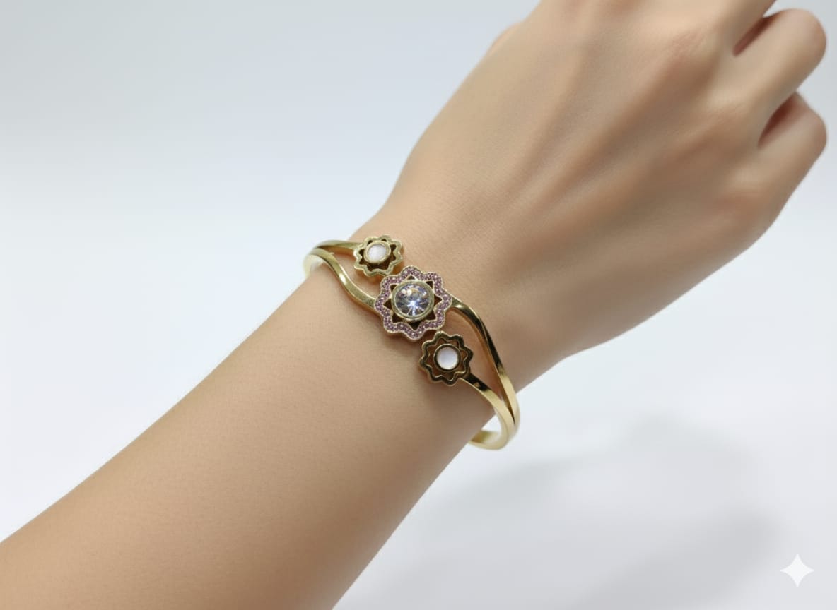SHIHRI Gold Plated Stainless Steel Bracelet with Triple Flower Design & Crystal Stone”