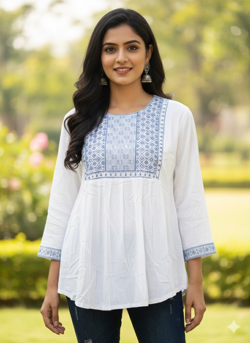 Trendy Elegant White with multicolour Embroidered Crape Top for Women | Stylish Casual Wear