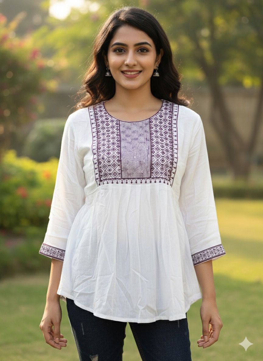 Trendy Elegant White with multicolour Embroidered Crape Top for Women | Stylish Casual Wear