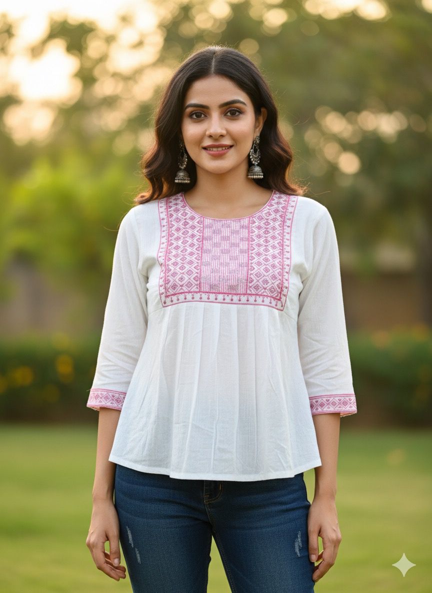 Trendy Elegant White with multicolour Embroidered Crape Top for Women | Stylish Casual Wear