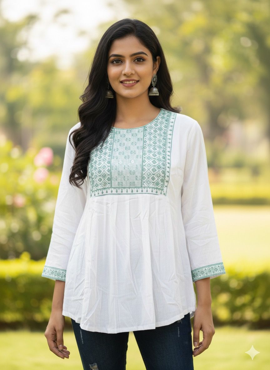 Trendy Elegant White with multicolour Embroidered Crape Top for Women | Stylish Casual Wear