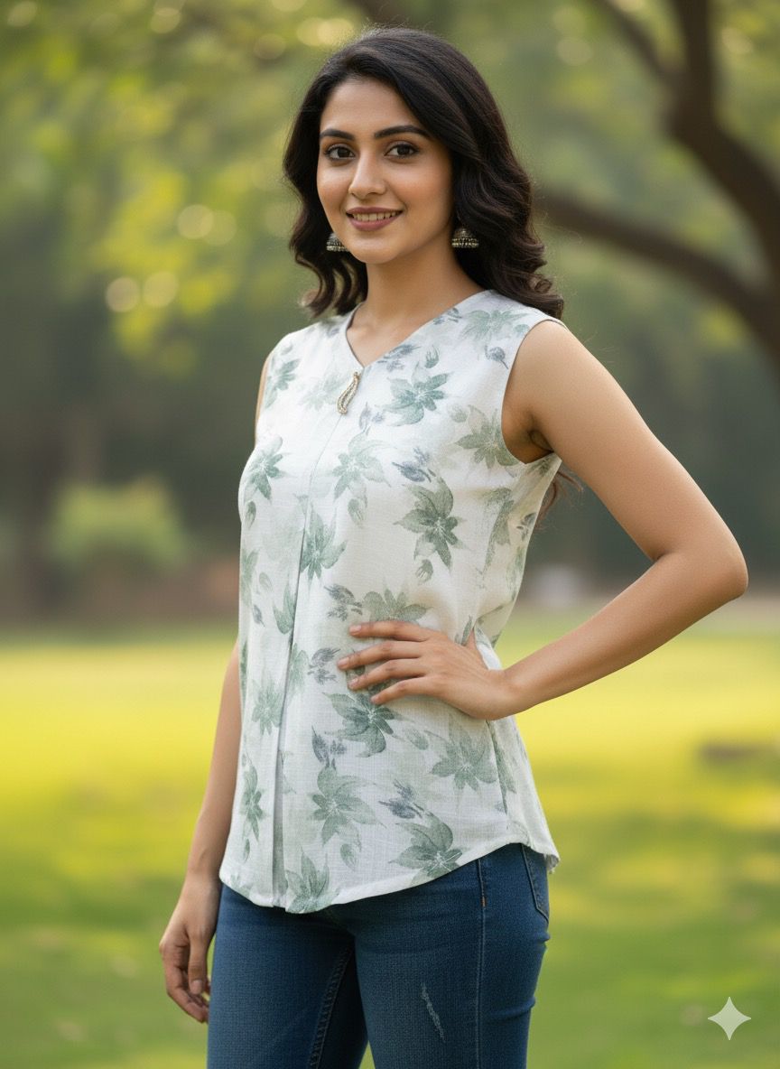 Girl’s Floral Printed Sleeveless Crape Top | Casual & Stylish Summer Wear for Girls”