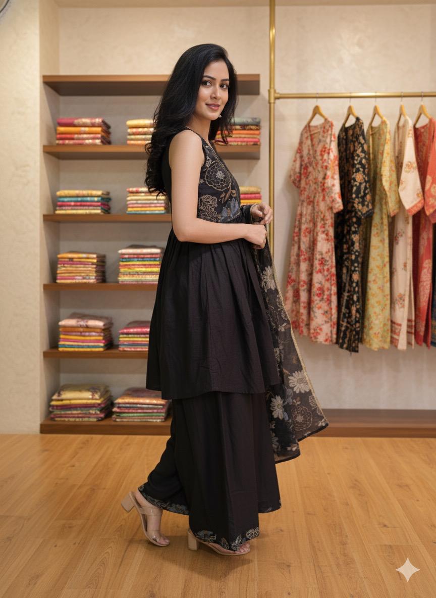 SHIHRI Girl's Black Floral Embroidered Kurta with Plazzo and Dupatta Set | Elegant Ethnic Wear for Party & Festive Occasions | Designer 3-Piece Suit Set