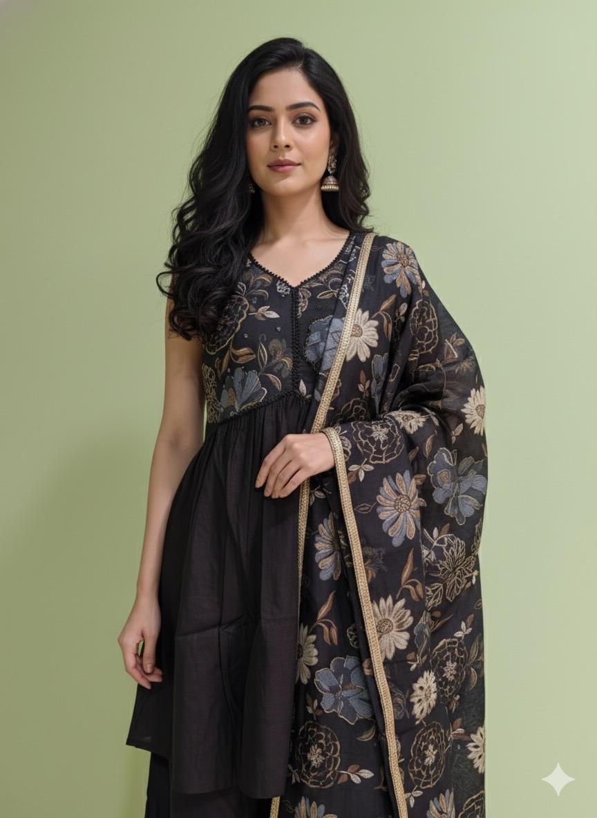 SHIHRI Girl's Black Floral Embroidered Kurta with Plazzo and Dupatta Set | Elegant Ethnic Wear for Party & Festive Occasions | Designer 3-Piece Suit Set