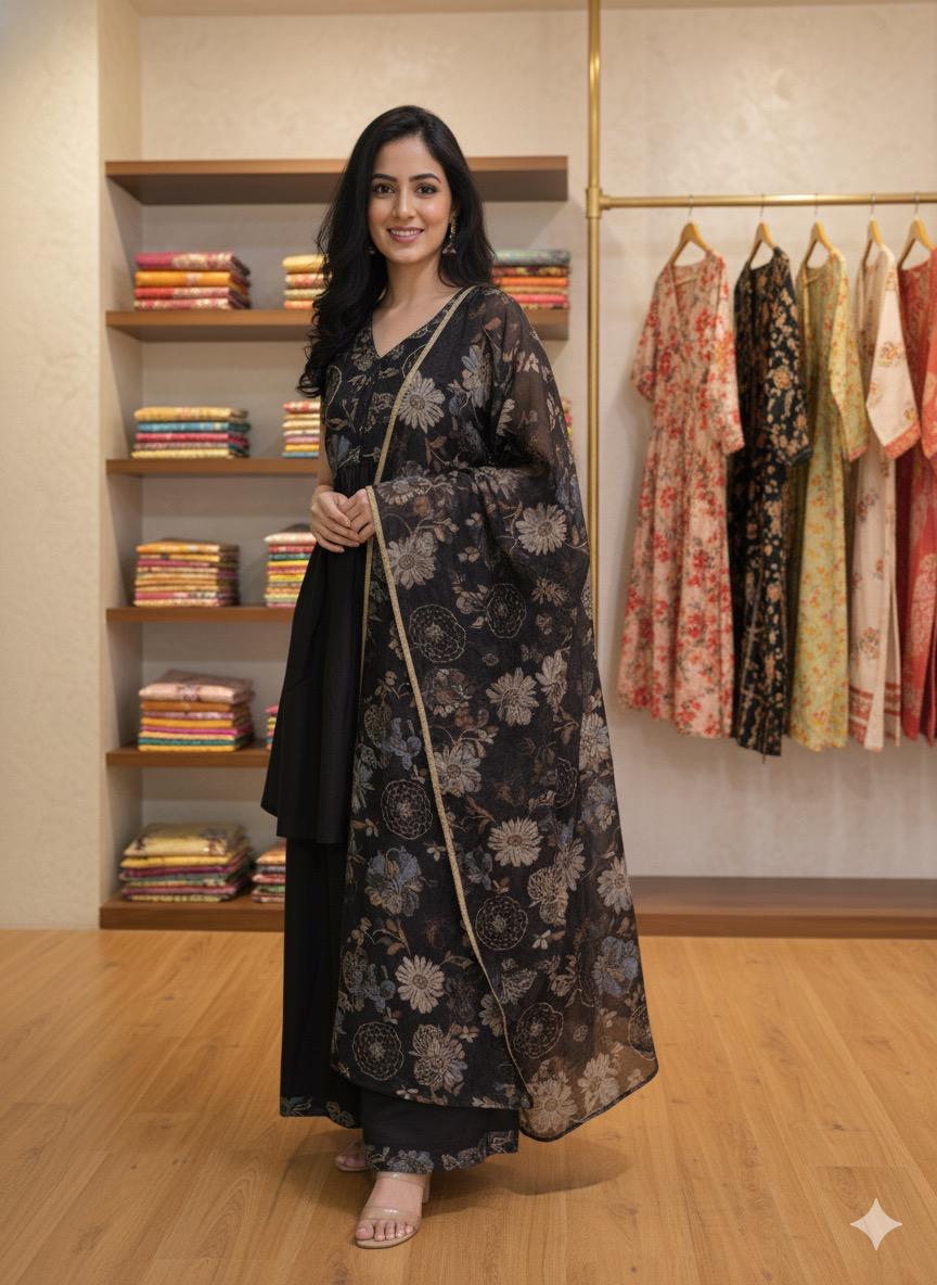 SHIHRI Girl's Black Floral Embroidered Kurta with Plazzo and Dupatta Set | Elegant Ethnic Wear for Party & Festive Occasions | Designer 3-Piece Suit Set