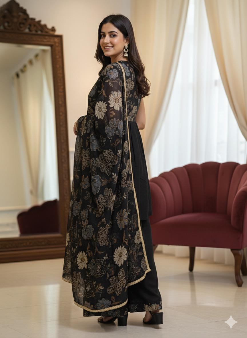 SHIHRI Girl's Black Floral Embroidered Kurta with Plazzo and Dupatta Set | Elegant Ethnic Wear for Party & Festive Occasions | Designer 3-Piece Suit Set