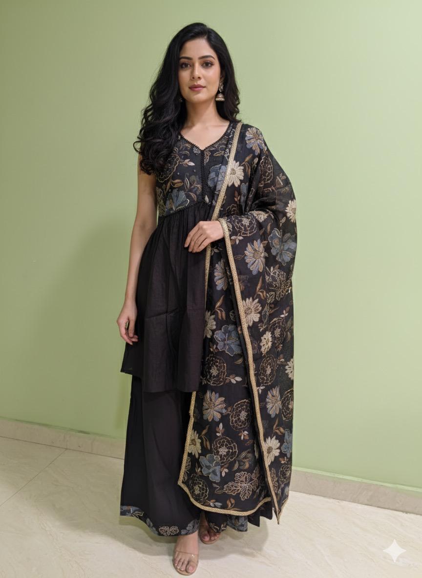 SHIHRI Girl's Black Floral Embroidered Kurta with Plazzo and Dupatta Set | Elegant Ethnic Wear for Party & Festive Occasions | Designer 3-Piece Suit Set