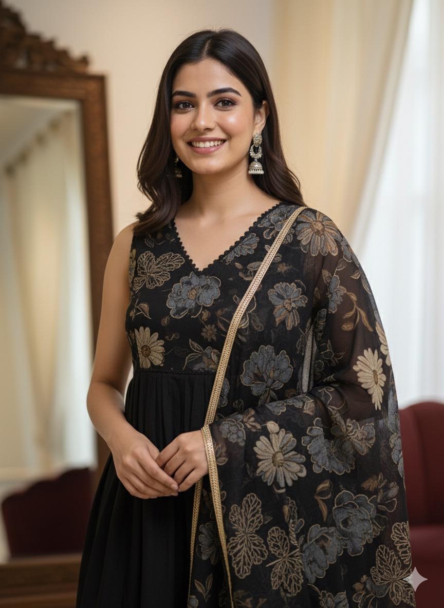 SHIHRI Girl's Black Floral Embroidered Kurta with Plazzo and Dupatta Set | Elegant Ethnic Wear for Party & Festive Occasions | Designer 3-Piece Suit Set