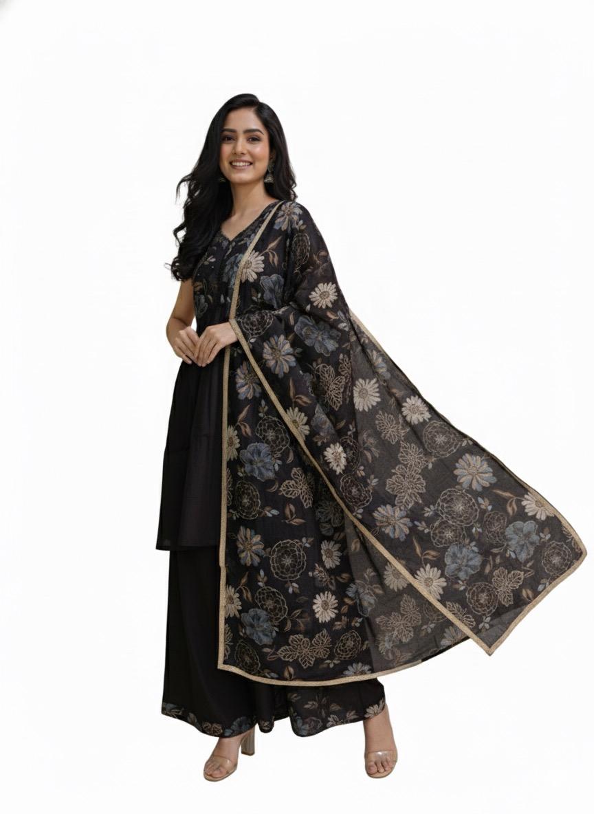 SHIHRI Girl's Black Floral Embroidered Kurta with Plazzo and Dupatta Set | Elegant Ethnic Wear for Party & Festive Occasions | Designer 3-Piece Suit Set