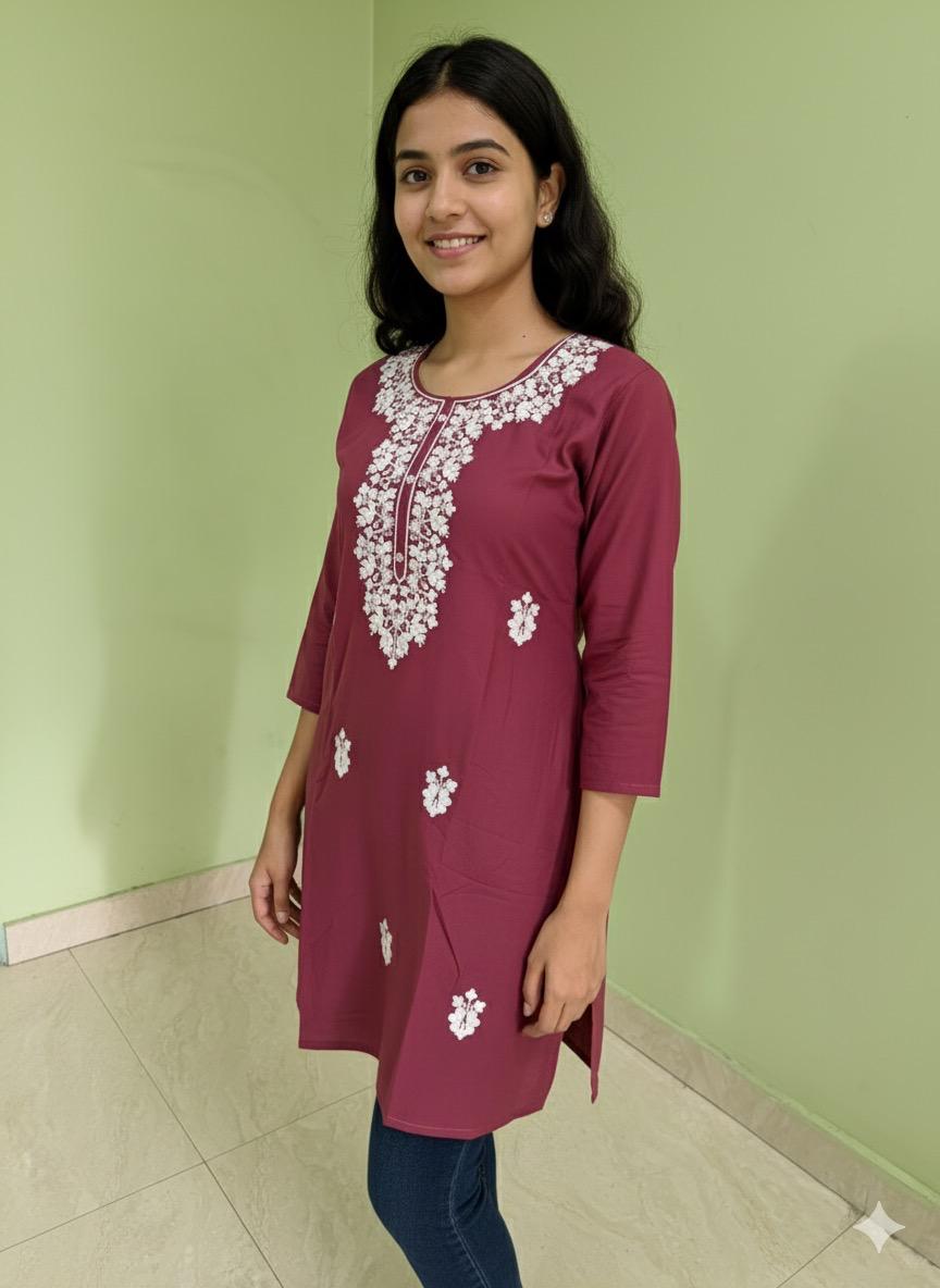 Maroon & White Hand-Embroidered Chikankari Cotton Kurti | Round Neck Tunic