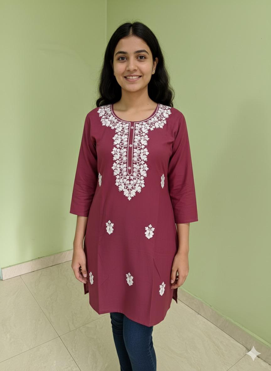 Maroon & White Hand-Embroidered Chikankari Cotton Kurti | Round Neck Tunic