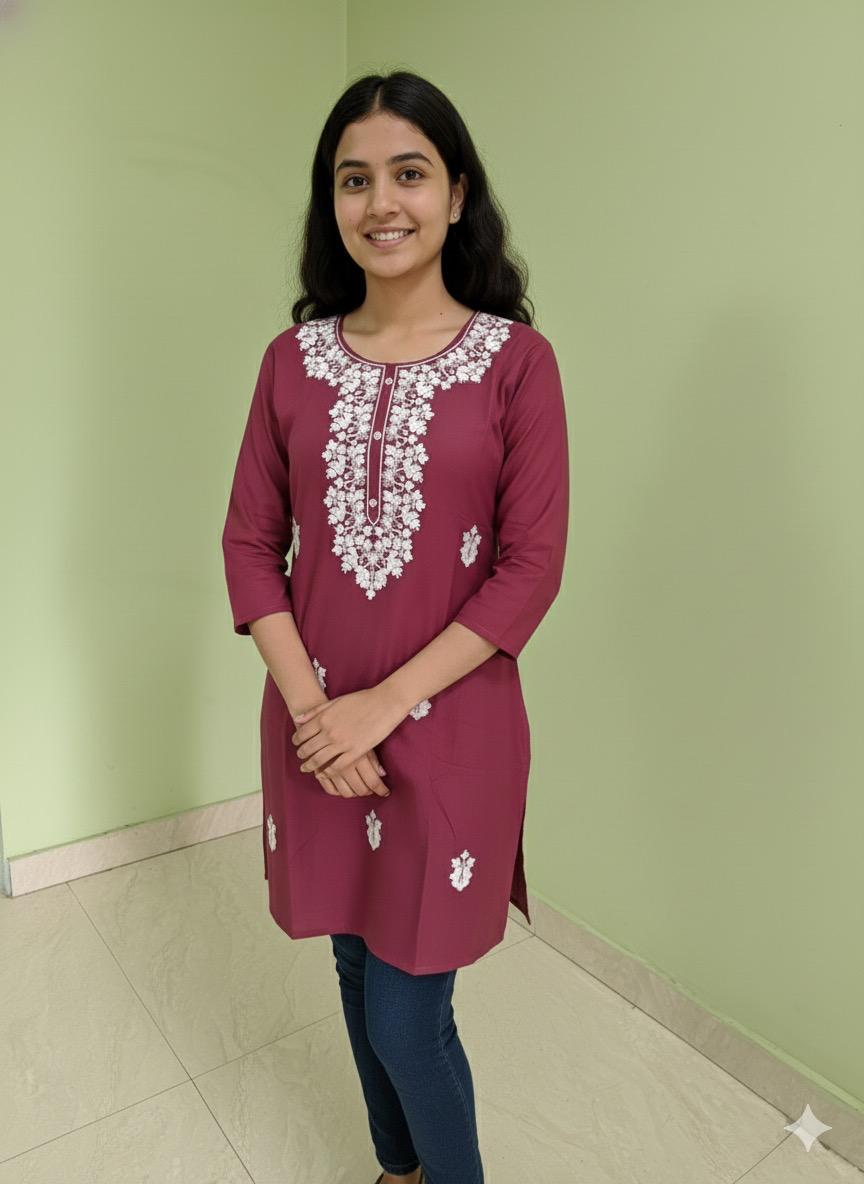 Maroon & White Hand-Embroidered Chikankari Cotton Kurti | Round Neck Tunic