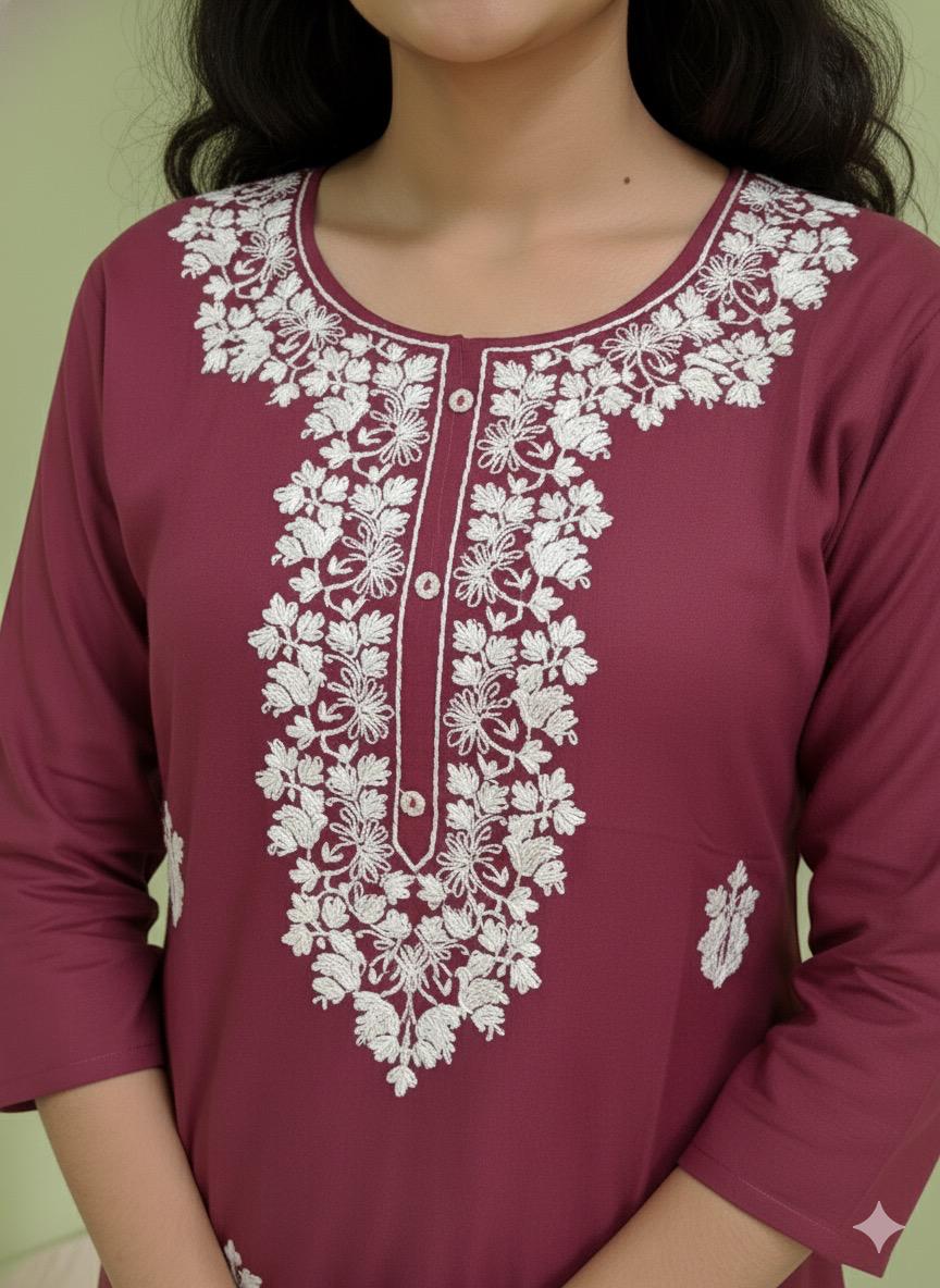 Maroon & White Hand-Embroidered Chikankari Cotton Kurti | Round Neck Tunic