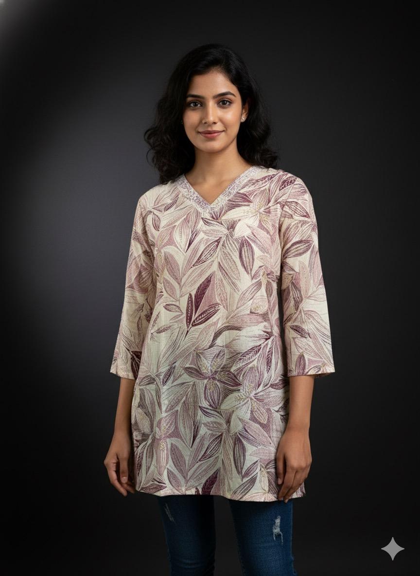 Beige & Mauve Leaf Print Cotton Tunic Top | Embroidered V-Neck Kurti