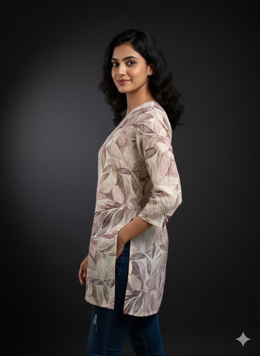Beige & Mauve Leaf Print Cotton Tunic Top | Embroidered V-Neck Kurti