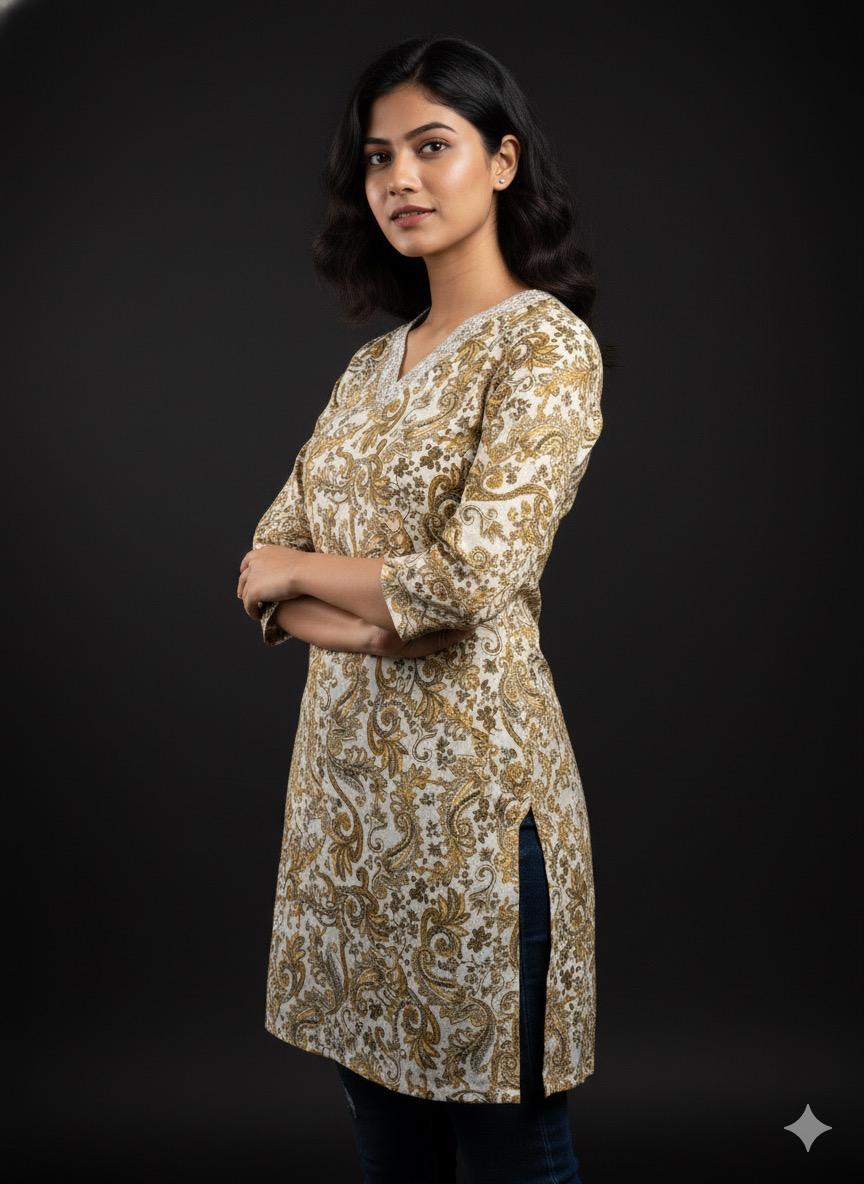 Elegant Paisley Print Cotton mix Tunic | Gold & Ivory V-Neck Kurti for girl's
