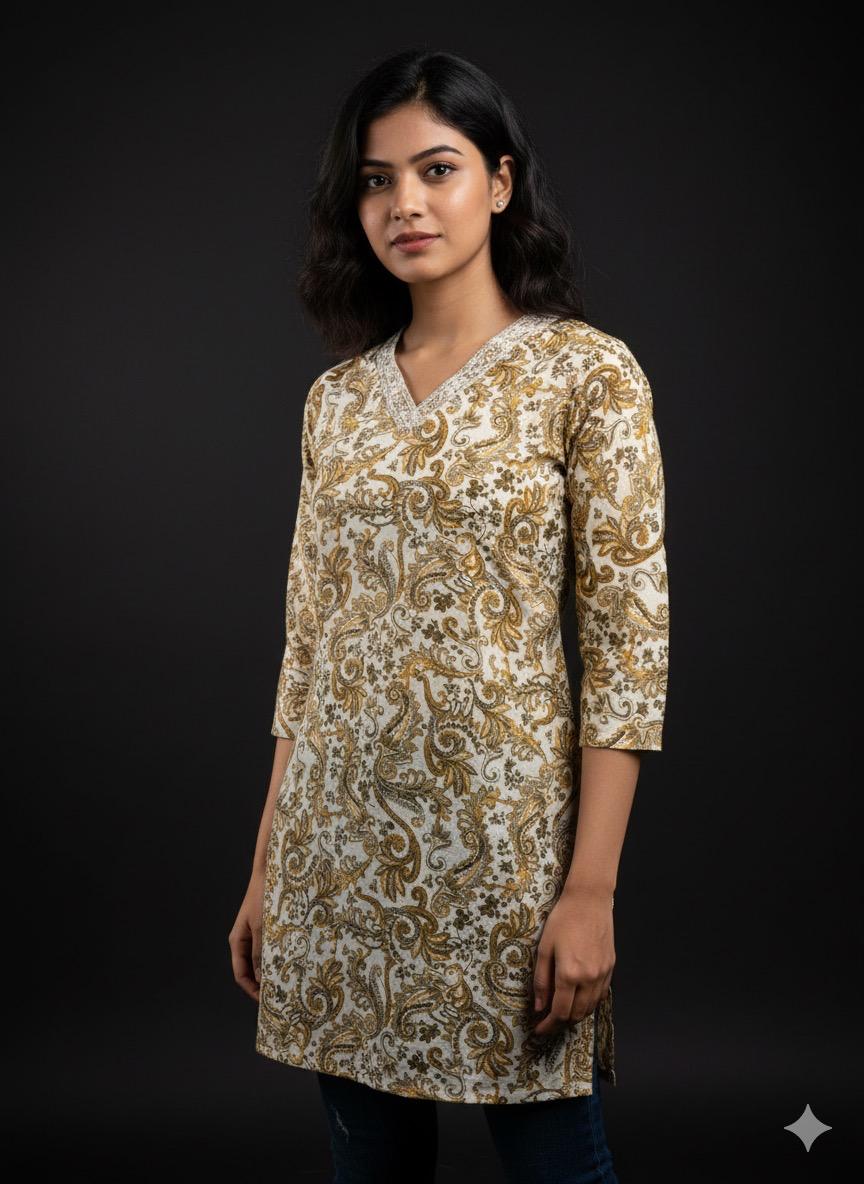 Elegant Paisley Print Cotton mix Tunic | Gold & Ivory V-Neck Kurti for girl's