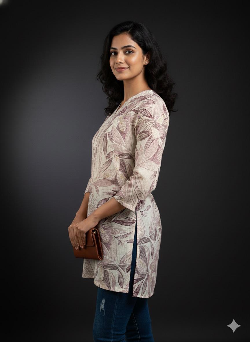 Beige & Mauve Leaf Print Cotton Tunic Top | Embroidered V-Neck Kurti