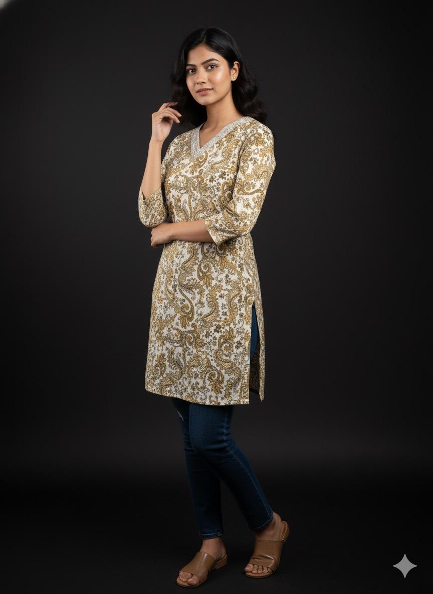 Elegant Paisley Print Cotton mix Tunic | Gold & Ivory V-Neck Kurti for girl's