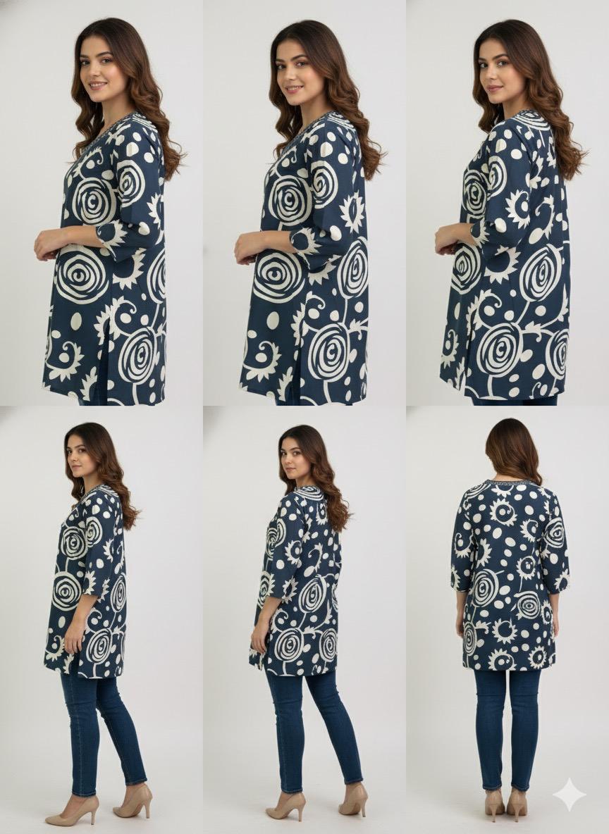 Navy Blue & Off-White Swirl Print V-Neck Tunic | Embroidered Cotton Kurti