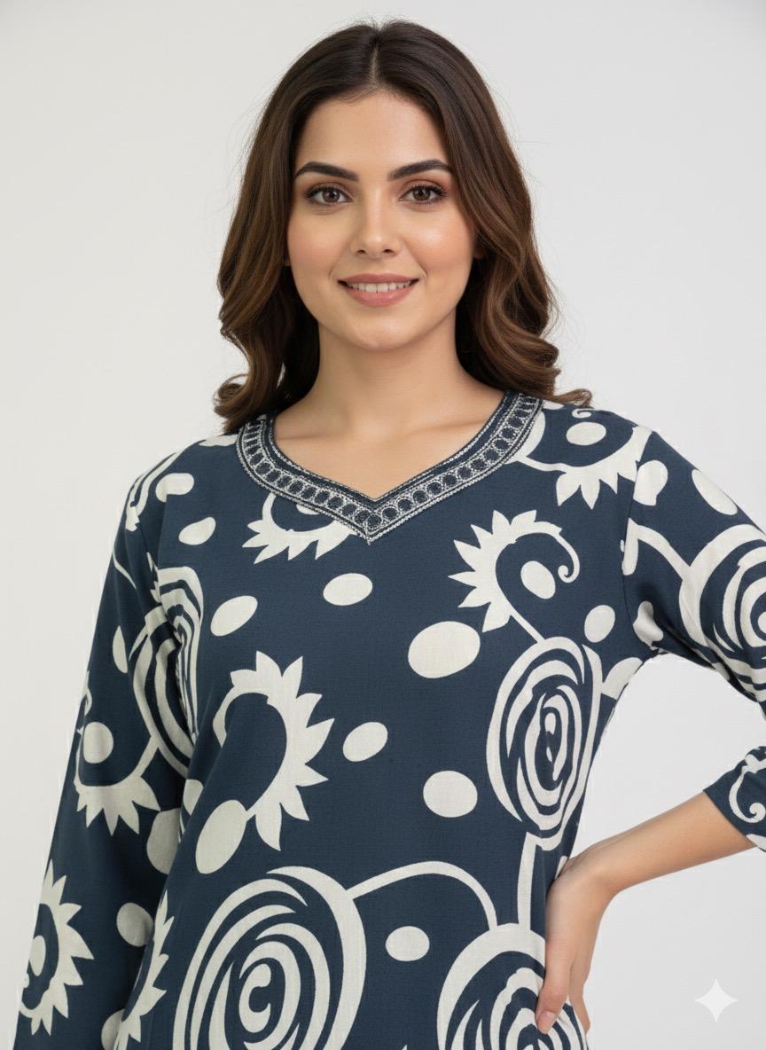 Navy Blue & Off-White Swirl Print V-Neck Tunic | Embroidered Cotton Kurti
