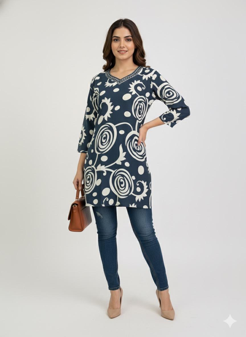 Navy Blue & Off-White Swirl Print V-Neck Tunic | Embroidered Cotton Kurti