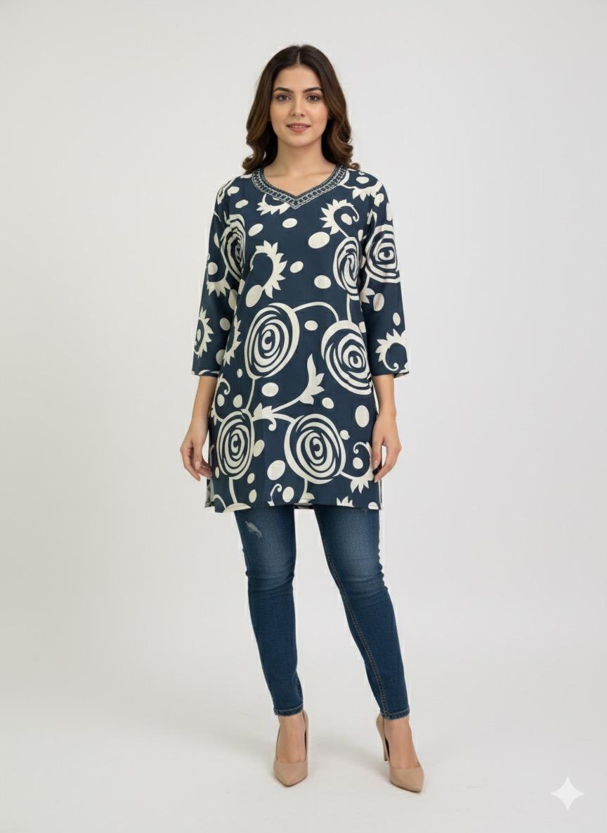 Navy Blue & Off-White Swirl Print V-Neck Tunic | Embroidered Cotton Kurti