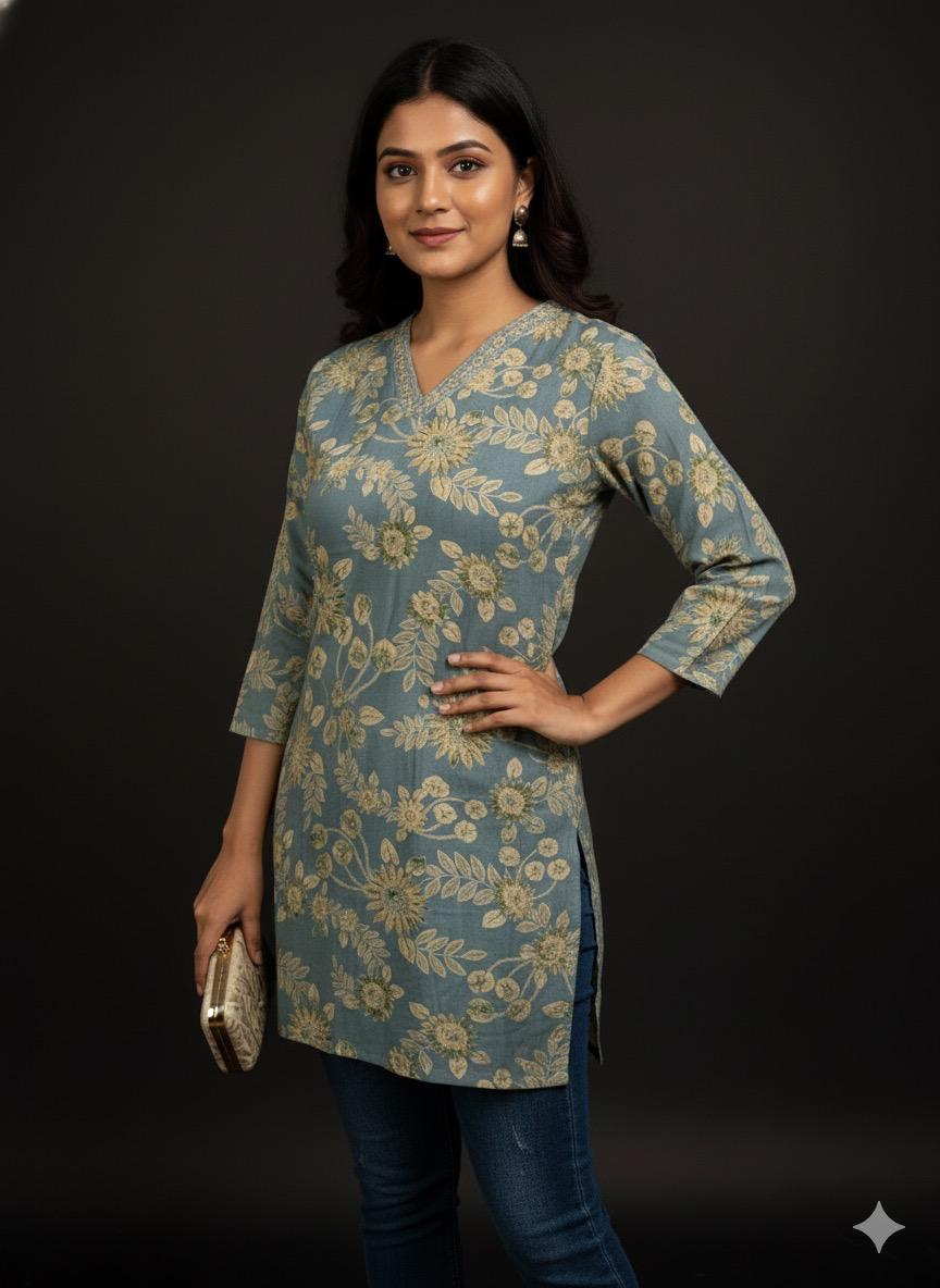 Girl’s Floral Printed Cotton Straight Kurti with V-Neck and 3/4 Sleeves – Elegant Casual Wear Tunic