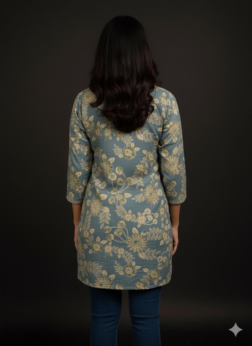 Girl’s Floral Printed Cotton Straight Kurti with V-Neck and 3/4 Sleeves – Elegant Casual Wear Tunic