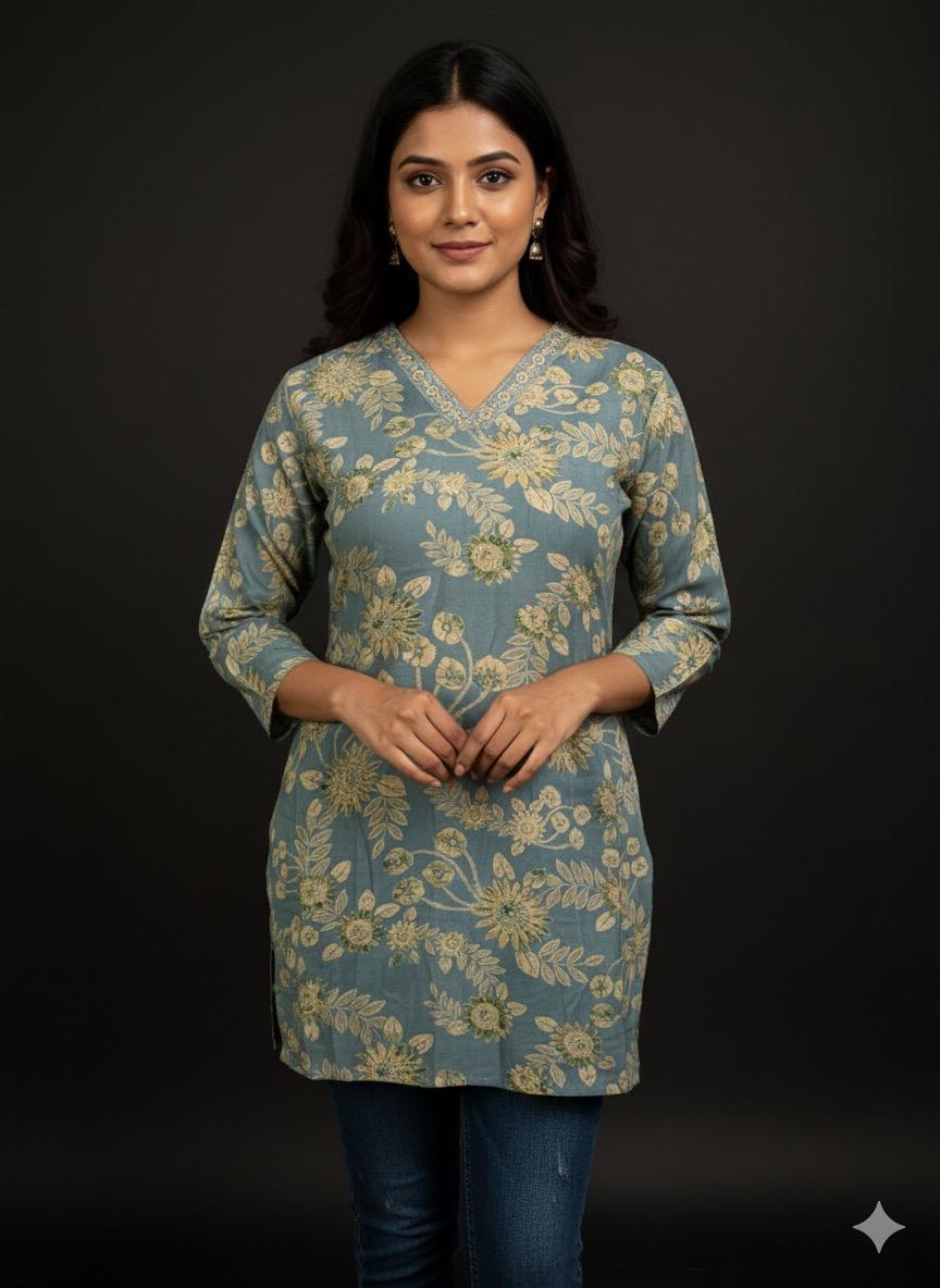 Girl’s Floral Printed Cotton Straight Kurti with V-Neck and 3/4 Sleeves – Elegant Casual Wear Tunic