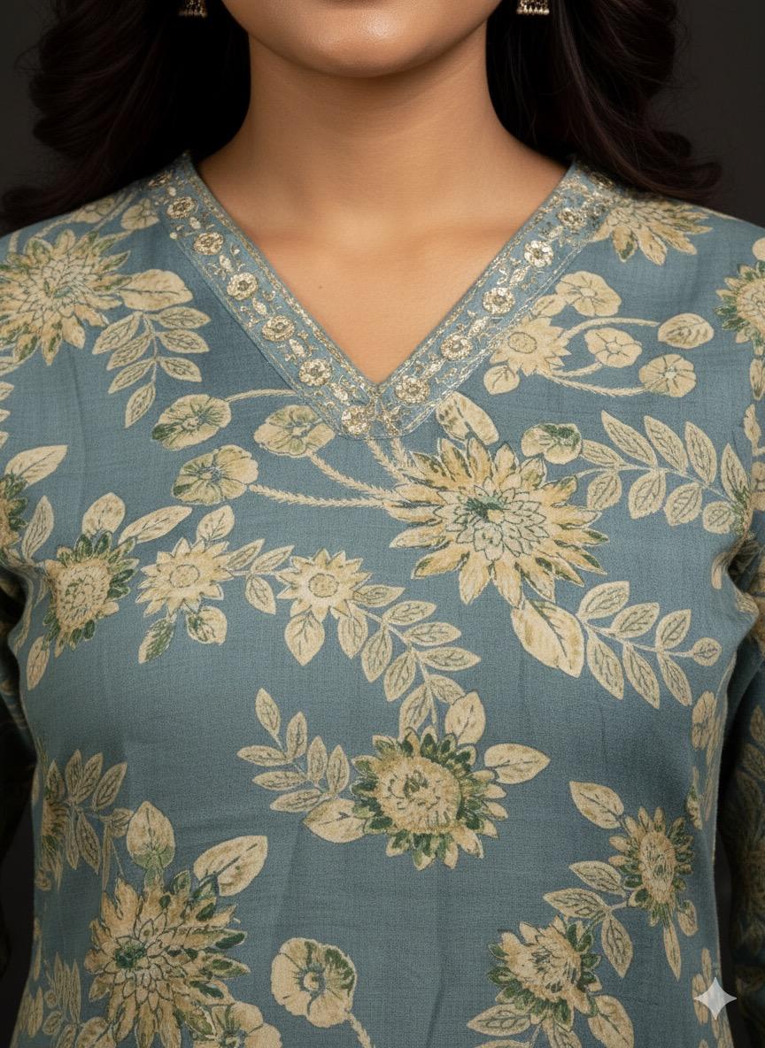 Girl’s Floral Printed Cotton Straight Kurti with V-Neck and 3/4 Sleeves – Elegant Casual Wear Tunic