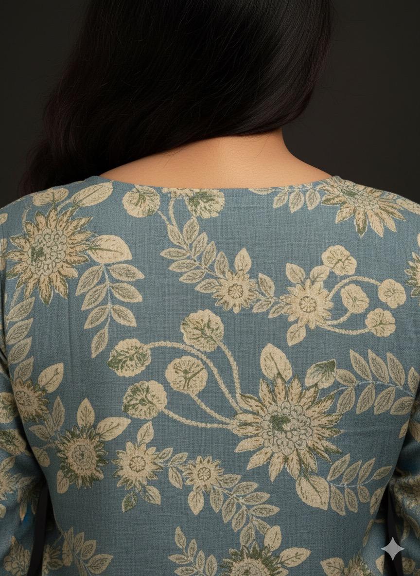 Girl’s Floral Printed Cotton Straight Kurti with V-Neck and 3/4 Sleeves – Elegant Casual Wear Tunic