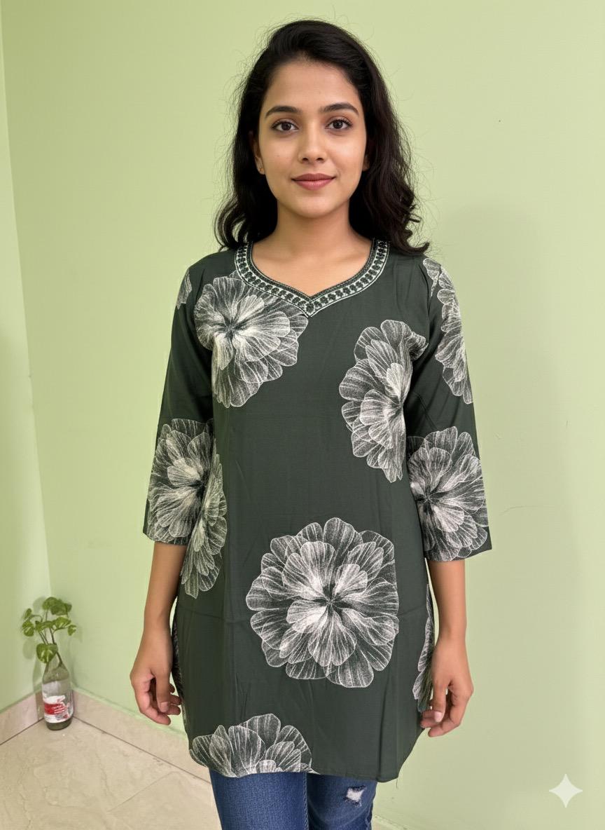Dark Green Floral Print V-Neck Tunic KURTI | 3/4 Sleeves Cotton  Kurti
