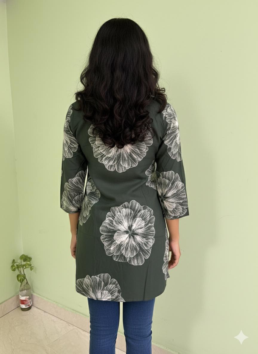 Dark Green Floral Print V-Neck Tunic KURTI | 3/4 Sleeves Cotton  Kurti