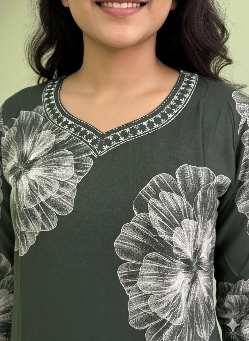 Dark Green Floral Print V-Neck Tunic KURTI | 3/4 Sleeves Cotton  Kurti