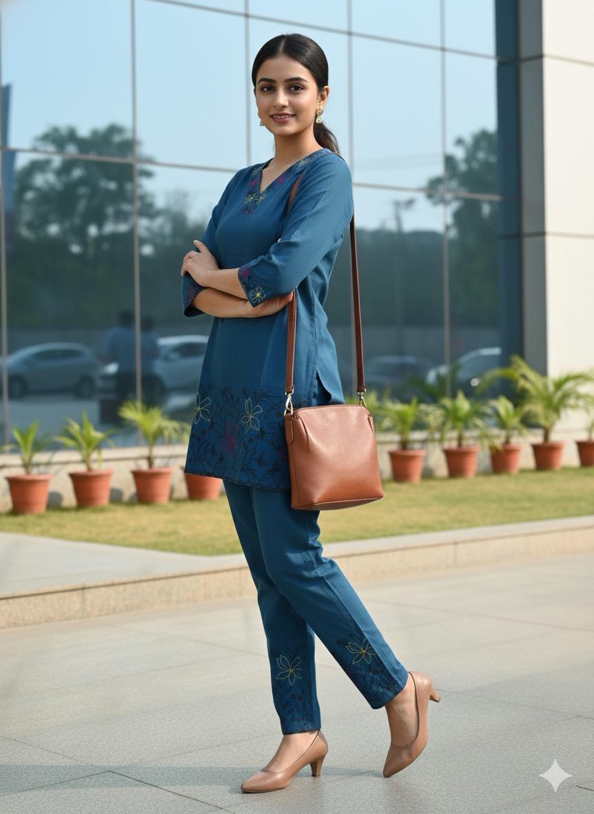 SHIHRI,Elegant Teal BlueSHIHRI Pure Cotton Co-Ord Set with Embroidered Detailing | Stylish Casual & Office Wear for Women