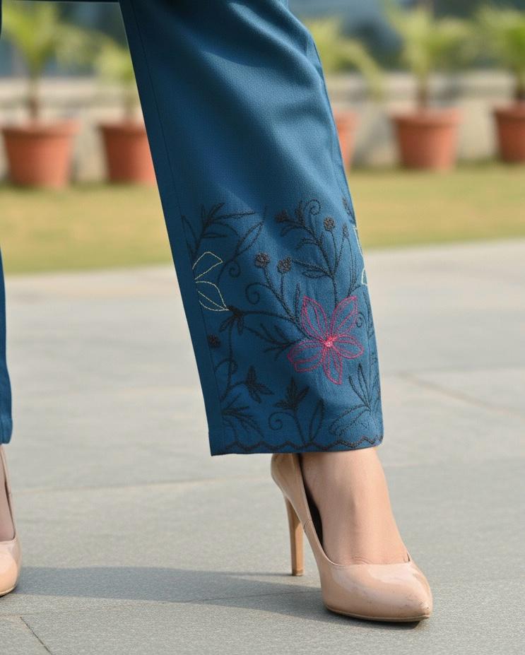 SHIHRI,Elegant Teal BlueSHIHRI Pure Cotton Co-Ord Set with Embroidered Detailing | Stylish Casual & Office Wear for Women