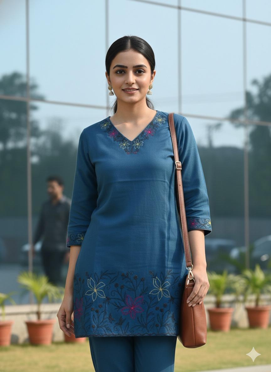 SHIHRI,Elegant Teal BlueSHIHRI Pure Cotton Co-Ord Set with Embroidered Detailing | Stylish Casual & Office Wear for Women